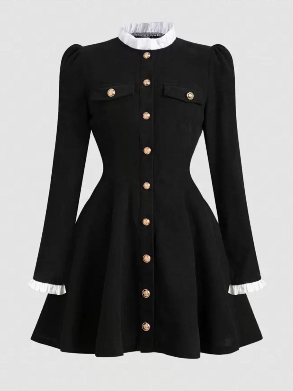 Black Fit-and-Flare Button Front Dress with White Ruffle Trim